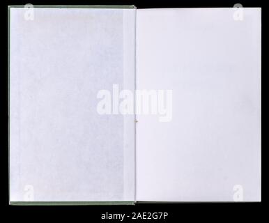 Book unfolded on the Endpaper, showing blank paper inside, isolated on black background. Stock Photo