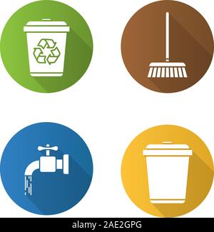 Cleaning service flat design long shadow icons set. Environment protection. Running tap water, recycle bins, mop. Vector silhouette illustration Stock Vector