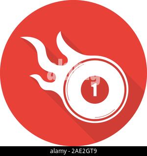 Burning billiard ball. Flat design long shadow icon. Number 1 billiard ball. Vector silhouette symbol Stock Vector