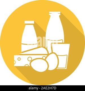 Dairy products flat design long shadow icon. Yogurt, bottle and glass of milk, eggs and cheese. Grocery store items. Vector silhouette symbol Stock Vector