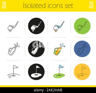 Golf icons set. Linear, black and color styles. Golf clubs in bag, ball on tee, course. Isolated vector illustrations Stock Vector