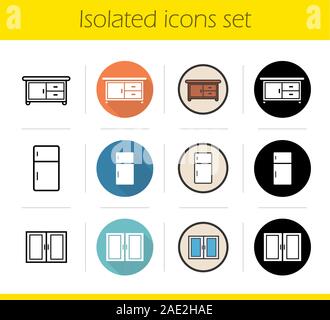Kitchen interior icons set. Flat design, linear, black and color styles. Fridge, kitchen counter and cabinet. Isolated vector illustrations Stock Vector