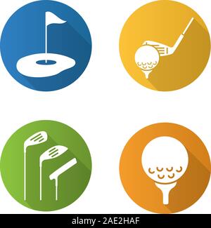 Golf flat design long shadow icons set. Golf course, clubs, ball on tee. Vector silhouette illustration Stock Vector