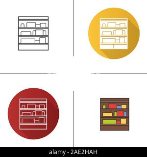 Shop shelves icon. Flat design, linear and color styles. Supermarket stand with goods. Isolated vector illustrations Stock Vector