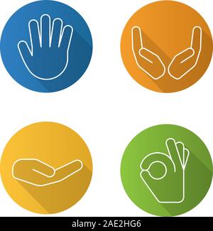 Hand gestures flat linear long shadow icons set. Begging and cupped hands, palm, ok gesture. Vector line illustration Stock Vector