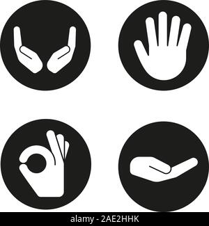 Hand gestures icons set. Begging and cupped hands, palm, ok gesture. Vector white silhouettes illustrations in black circles Stock Vector