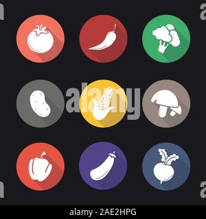 Vegetables flat design long shadow icons set. Tomato, red hot chili pepper, broccoli, potato, corn, mushrooms, paprika, eggplant, beet. Vector silhoue Stock Vector
