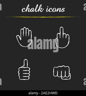 Hand gestures chalk icons set. Middle finger up, palm, punch, thumbs up. Isolated vector chalkboard illustrations Stock Vector