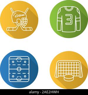 Hockey flat linear long shadow icons set. Sticks and helmet, rink, shirt, puck in gates. Vector line illustration Stock Vector