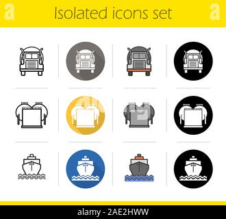 Oil industry icons set. Flat design, linear, black and color styles. Transportation truck, shipping tanker, storage. Isolated vector illustrations Stock Vector