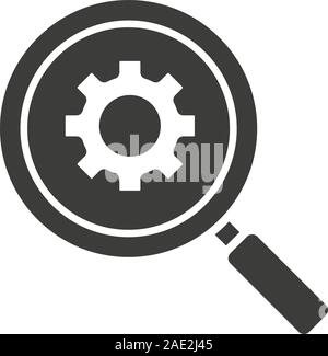 Settings search glyph icon. Silhouette symbol. Magnifying glass with cogwheel. Negative space. Vector isolated illustration Stock Vector