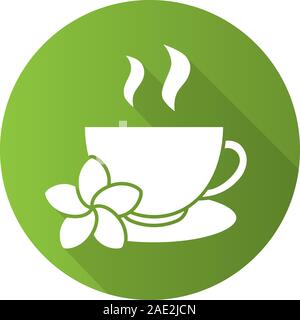 Herbal teacup flat design long shadow icon. Tea cup with plumeria flower. Vector silhouette symbol Stock Vector