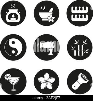 Spa salon icons set. Aromatherapy candle, toes separators, mortar and pestle, hairdryer, plumeria, bamboo sticks, cocktail, foot file, yin yang. Vecto Stock Vector