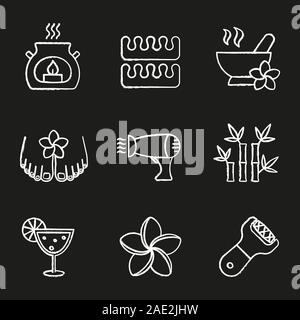 Spa salon chalk icons set. Aromatherapy candle, toes separators, mortar and pestle, hairdryer, plumeria, bamboo sticks, cocktail, foot file. Isolated Stock Vector