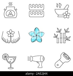 Spa salon linear icons set. Aromatherapy candle, toes separators, mortar and pestle, hairdryer, plumeria, bamboo sticks, cocktail, foot file. Thin lin Stock Vector
