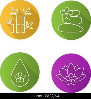 Spa salon flat linear long shadow icons set. Aromatherapy. Stones massage, aroma oil drop, spa flowers and bamboo with leaves. Vector line illustratio Stock Vector