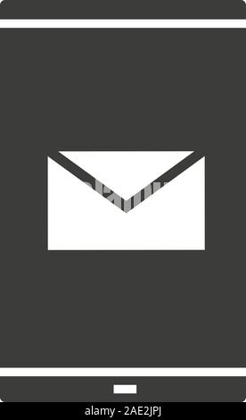 Smartphone sms message glyph icon. Silhouette symbol. Smart phone with email letter. Negative space. Vector isolated illustration Stock Vector