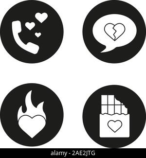 Romantics icons set. Broke up message, romantic talk, heart on fire, bitten chocolate bar. Vector white silhouettes illustrations in black circles Stock Vector