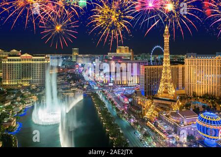 Las Vegas strip in New Year celebration fireworks in Las Vegas, Nevada.