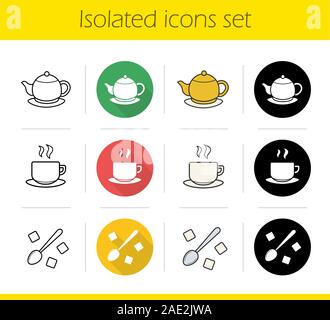 Tea icons set. Flat design, linear, black and color styles. Brewing teapot, steaming cup on plate, teaspoon with sugar cubes. Isolated vector illustra Stock Vector