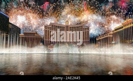 New Year celebration fireworks on Bellagio Hotel and Casino in Las Vegas Stock Photo