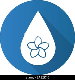 Aromatherapy oil drop flat design long shadow icon. Spa salon oil drop with plumeria flower inside. Vector silhouette symbol Stock Vector