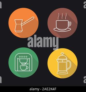 Coffee flat linear long shadow icons set. Turkish cezve, steaming coffee cup on plate, espresso machine, french press. Vector line illustration Stock Vector