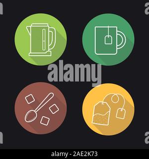 Tea flat linear long shadow icons set. Electric kettle, mug with teabag, teaspoon, sugar cubes. Vector line illustration Stock Vector