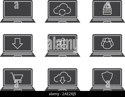 Laptops glyph icons set. Cloud computing silhouette symbols. Laptops with protection shield, connection, security lock, users group, shopping cart, do Stock Vector