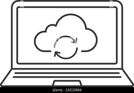 Laptop cloud computing linear icon. Thin line illustration. Notebook with web storage refresh arrows contour symbol. Vector isolated outline drawing Stock Vector