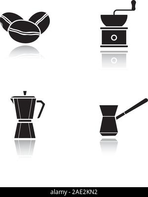 Coffee brewing equipment. Drop shadow black icons set. Moka pot, classic coffee maker, turkish cezve, grinder and beans. Isolated vector illustrations Stock Vector