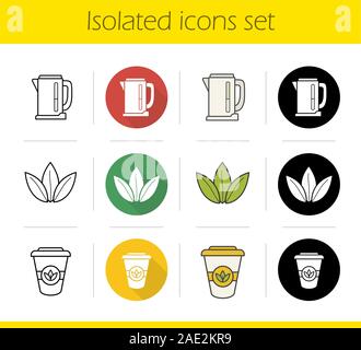 Tea icons set. Flat design, linear, black and color styles. Electric kettle, loose tea leaves, takeaway paper cup. Isolated vector illustrations Stock Vector