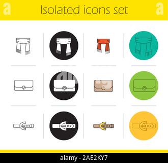 Women's accessories icons set. Linear, black and color styles. Scarf, clutch, leather belt. Isolated vector illustrations Stock Vector