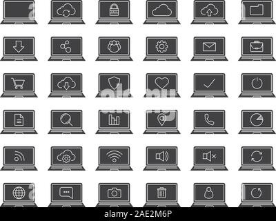 Laptops glyph icons set. Silhouette symbols. Laptops with wifi connection, cloud computing, users, protection, document, folder, settings. Vector isol Stock Vector