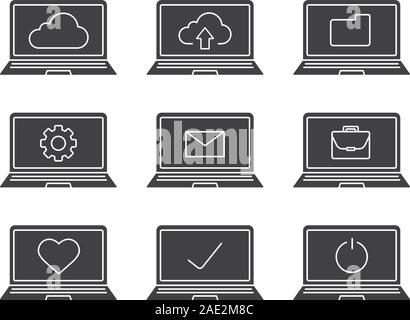 Laptops glyph icons set. Silhouette symbols. Laptops with folder, settings, cloud computing, email, tick, heart, briefcase, turn off button. Vector is Stock Vector