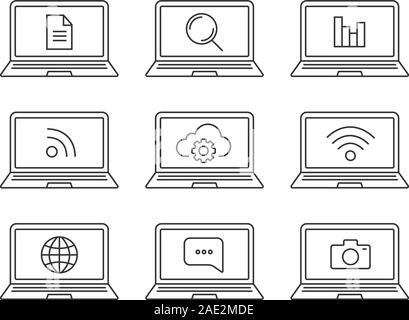 Laptops linear icons set. Laptops with wifi signal, rss, statistics, search, message, document, photocamera, cloud computing. Thin line contour symbol Stock Vector