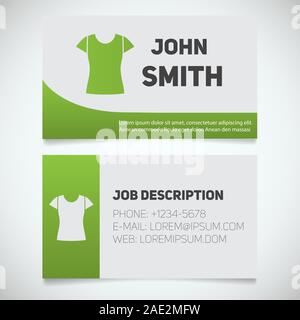 Business card print template with t-shirt logo. Women's shirts shop. Stationery design concept. Vector illustration Stock Vector