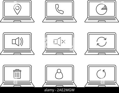 Laptops linear icons set. Laptops with gps pinpoint, user, trash, reload arrows, mute on and off, statistics, phone. Thin line contour symbols. Isolat Stock Vector