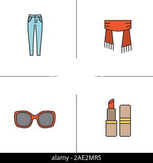 Women's accessories color icons set. Skinny jeans, scarf, sunglasses, lipstick. Isolated vector illustrations Stock Vector
