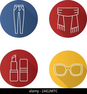 Women's accessories flat linear long shadow icons set. Skinny jeans, scarf, lipstick, sunglasses. Vector line illustration Stock Vector