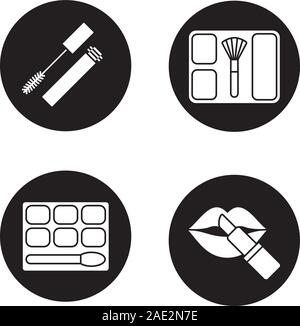 Women's cosmetics icons set. Mascara, eye shadow, blusher, lipstick with lips. Vector white silhouettes illustrations in black circles Stock Vector