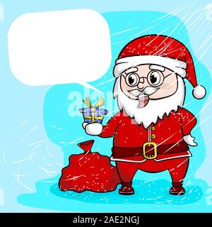 Santa Claus holds a blue gift box and puts the bag on the ground. Snow falling in winter. Blank text box for greeting text. Christmas concept. Stock Vector