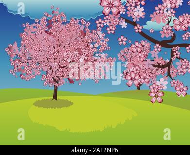 Pink blooming cherry trees, sakura on spring grass field. Stock Vector