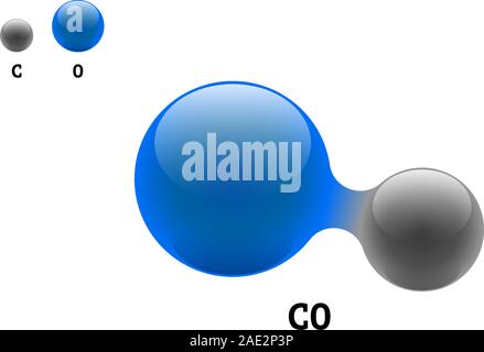 Chemistry model molecule carbon monoxide CO scientific element formula. Integrated particles natural inorganic 3d molecular structure consisting. Two carbon and oxygen volume atom vector spheres Stock Vector
