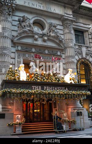 The Peninsula Hotel with Holiday Decorations, NYC Stock Photo