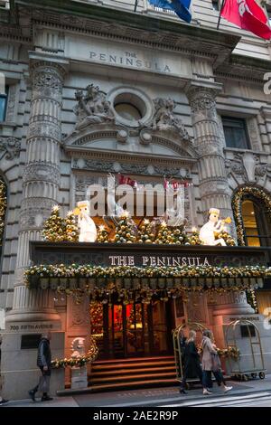 The Peninsula Hotel with Holiday Decorations, NYC Stock Photo