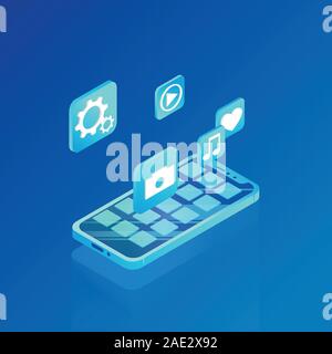 Isometric concept with mobile phone Stock Vector