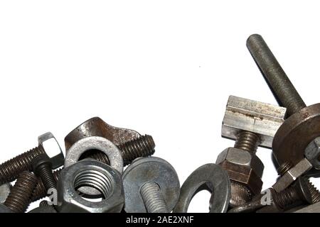 Collection of Old Bolt, Screws, Nuts Engineering Metal Tools on White Background Stock Photo