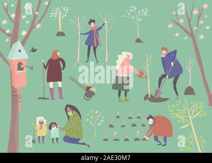 Cute cartoon people are gardening in spring park Stock Vector