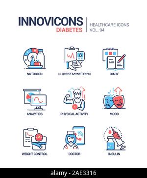 Diabetes - vector line design style icons set Stock Vector